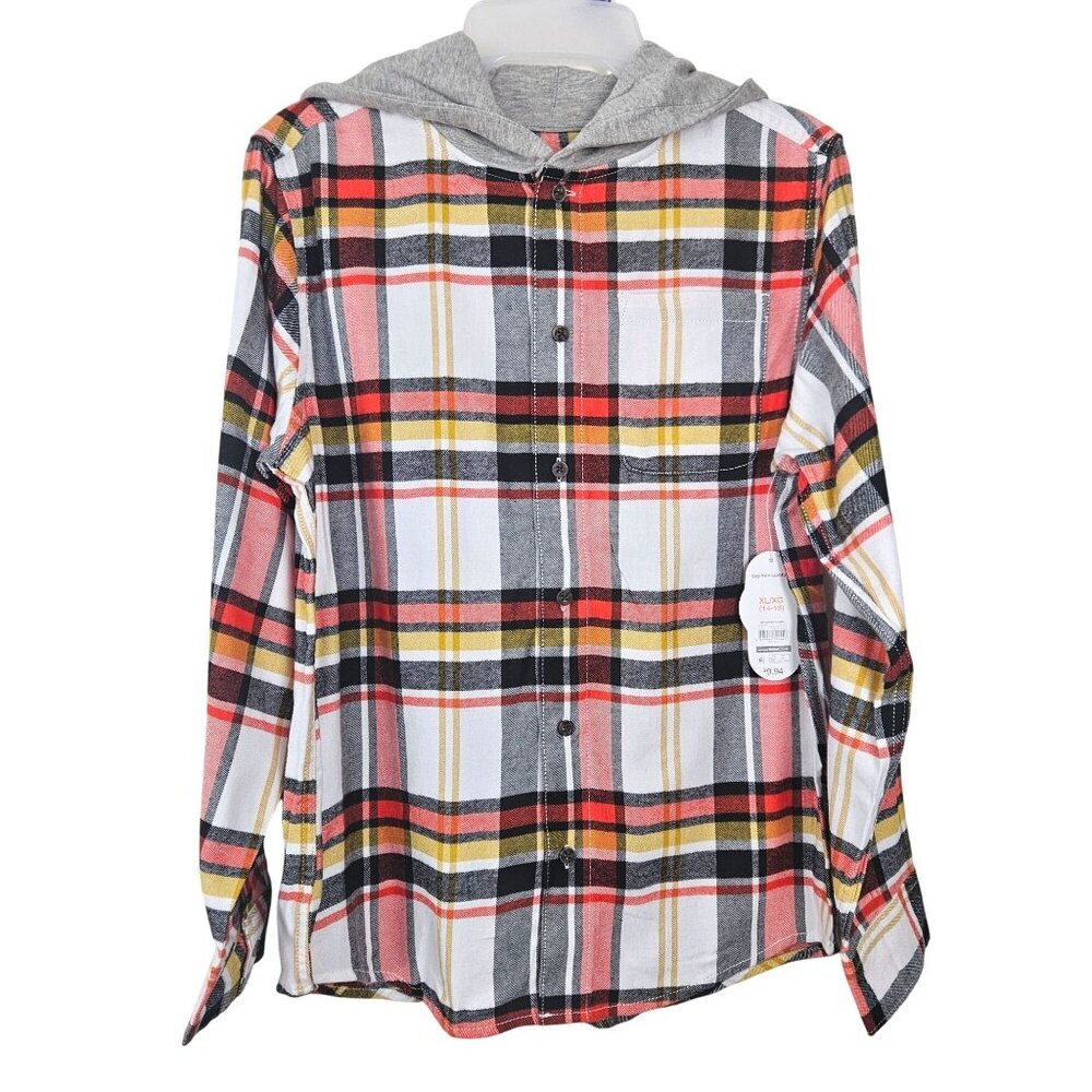 Boys Hooded Plaid Flannel Shirt  XL (14-16) Pocket Button Up Long Sleeve School